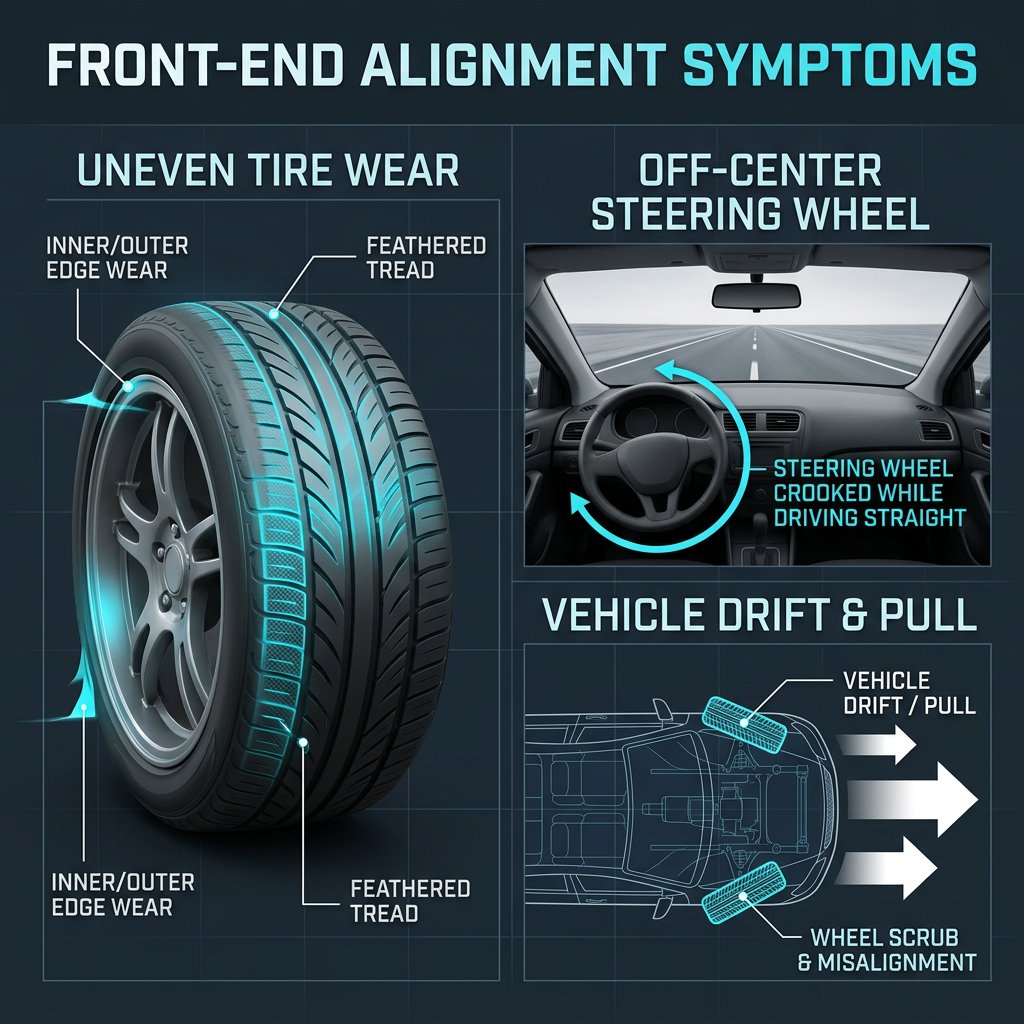 Infographic showing front-end alignment symptoms: uneven tire wear, off-center steering wheel, and vehicle drift. (Representative image for illustration purposes only. Actual vehicle may vary based on trim and configuration.)
