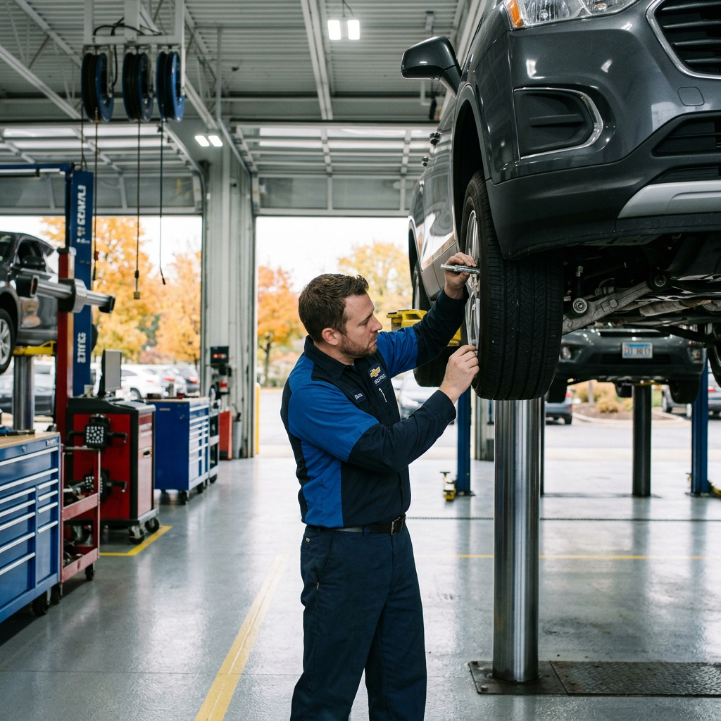 Auto mechanic in a blue uniform servicing a tire on an elevated car in a modern repair garage. (Representative image for illustration purposes only. Actual vehicle may vary based on trim and configuration.)