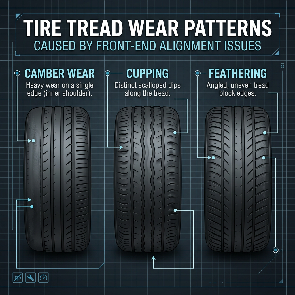 Diagram showing three tire tread wear patterns caused by alignment issues: camber wear, cupping, and feathering. (Representative image for illustration purposes only. Actual vehicle may vary based on trim and configuration.)