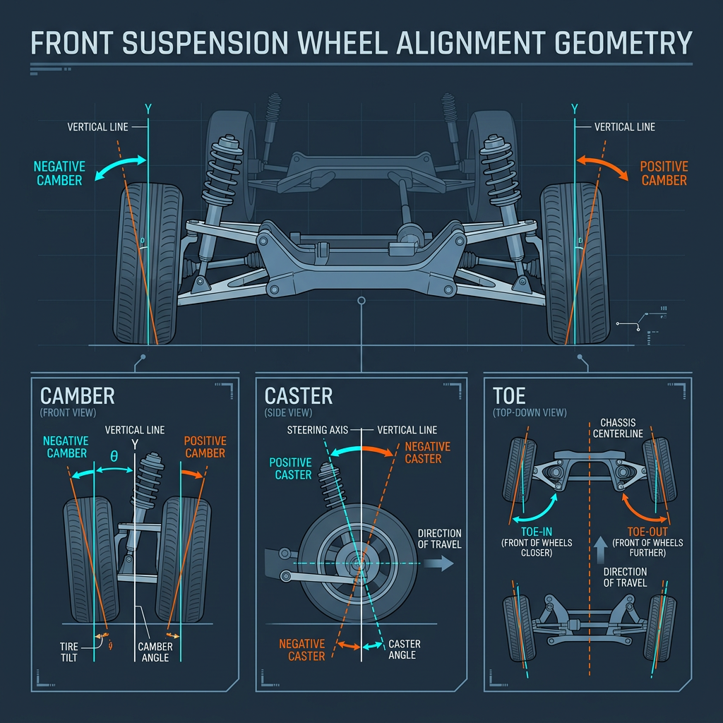 Diagram explaining front suspension wheel alignment geometry, including camber, caster, and toe angles. (Representative image for illustration purposes only. Actual vehicle may vary based on trim and configuration.)