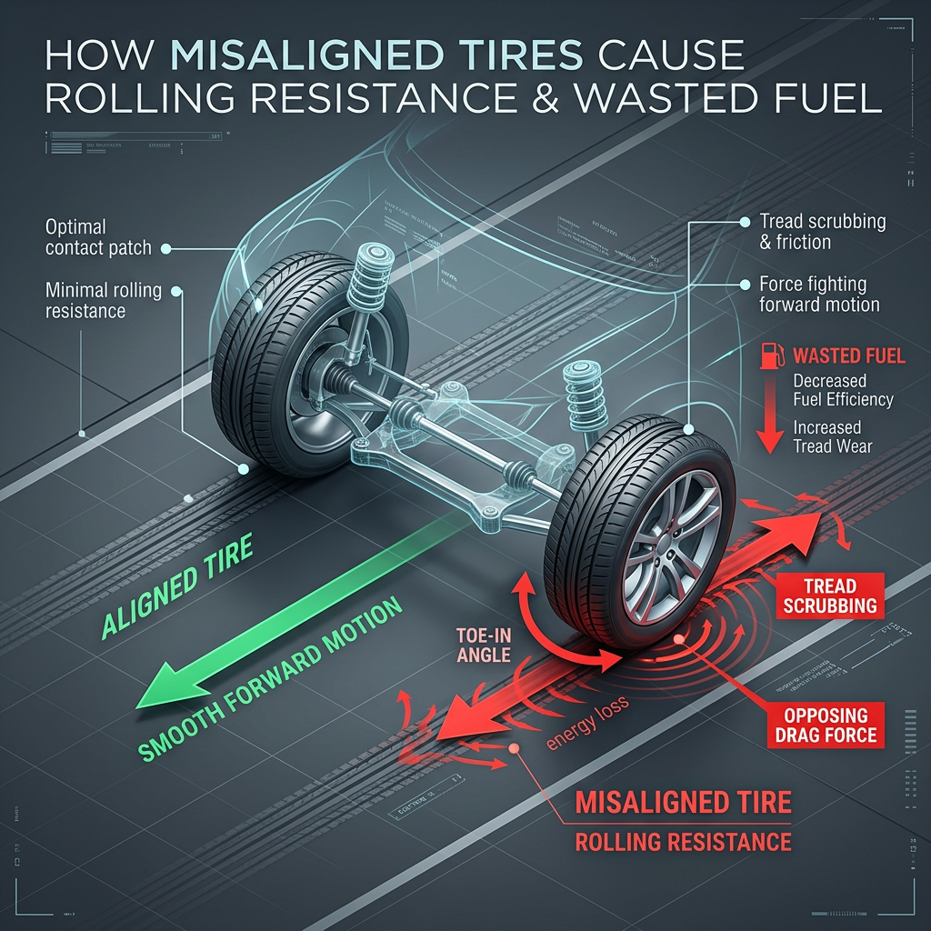 Technical diagram illustrating how tire alignment affects rolling resistance, tread wear, and vehicle fuel efficiency. (Representative image for illustration purposes only. Actual vehicle may vary based on trim and configuration.)