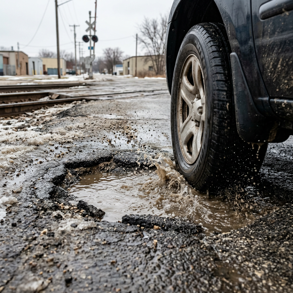 A car tire splashing dirty water as it drives into a deep pothole on a damaged asphalt road near railroad tracks. (Representative image for illustration purposes only. Actual vehicle may vary based on trim and configuration.)