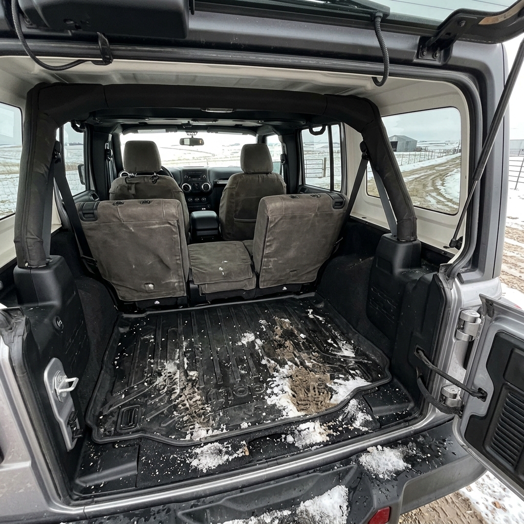 Open tailgate view into the cargo space of a Jeep Wrangler with folded rear seats and a snowy rubber floor mat. (Representative image for illustration purposes only. Actual vehicle may vary based on trim and configuration.)