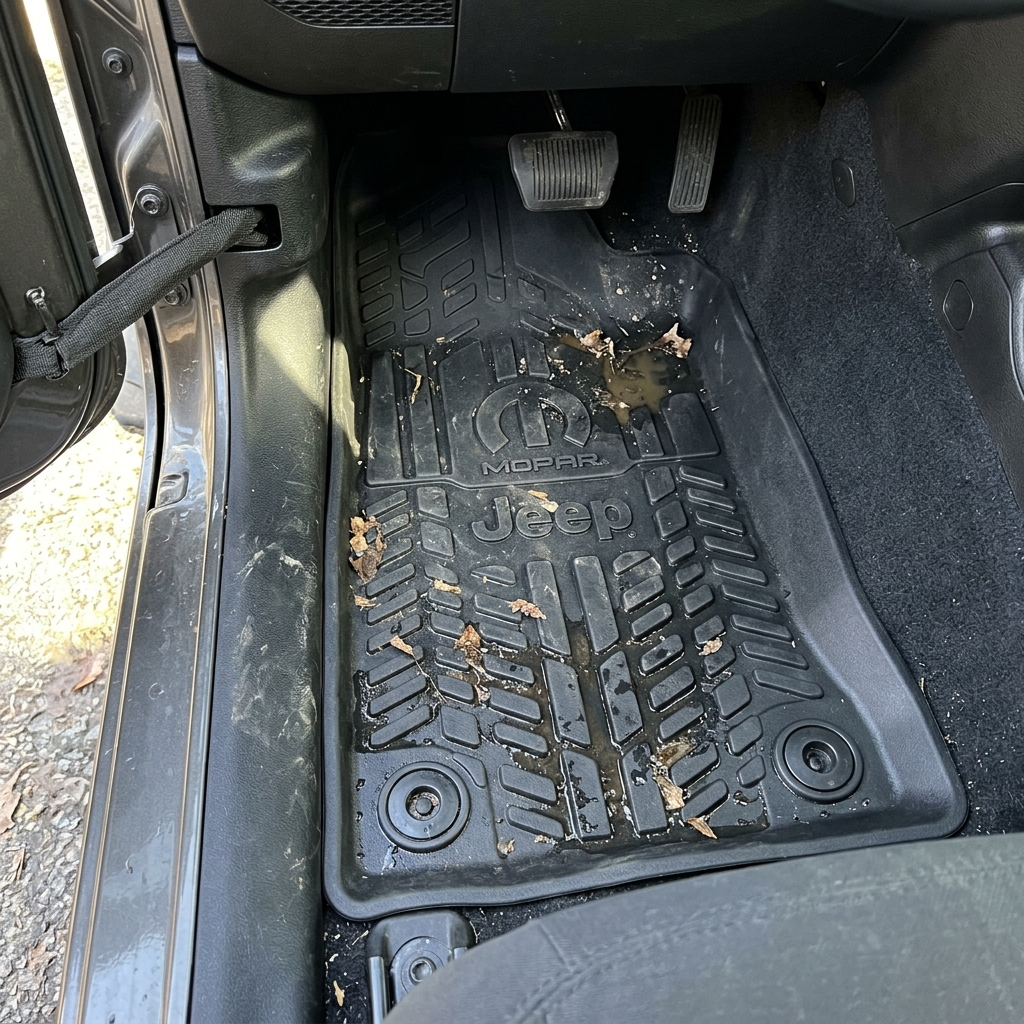 Dirty black rubber Mopar Jeep floor mat covered in mud, standing water, and dried leaves in a driver's footwell. (Representative image for illustration purposes only. Actual vehicle may vary based on trim and configuration.)