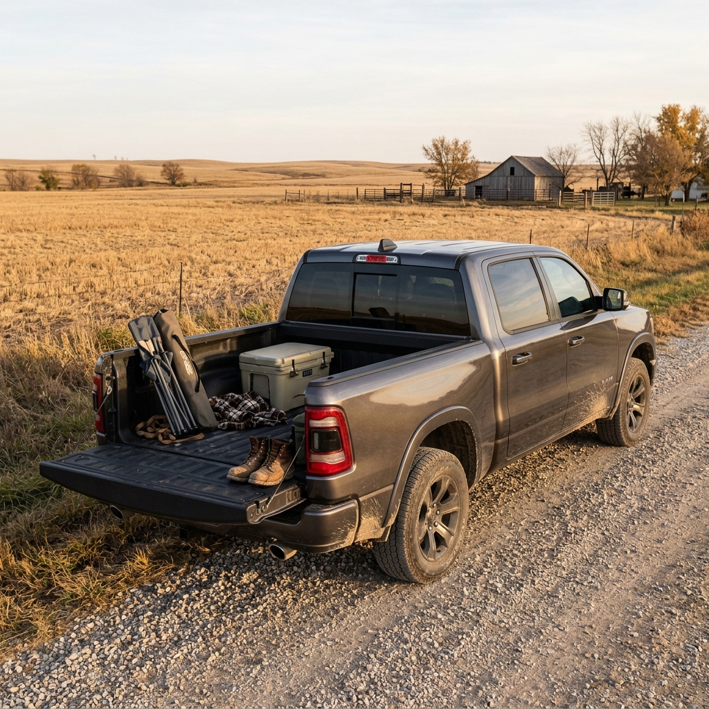 Dark grey pickup truck parked on a dirt road with tailgate open showing camping gear, a cooler, and boots. (Representative image for illustration purposes only. Actual vehicle may vary based on trim and configuration.)