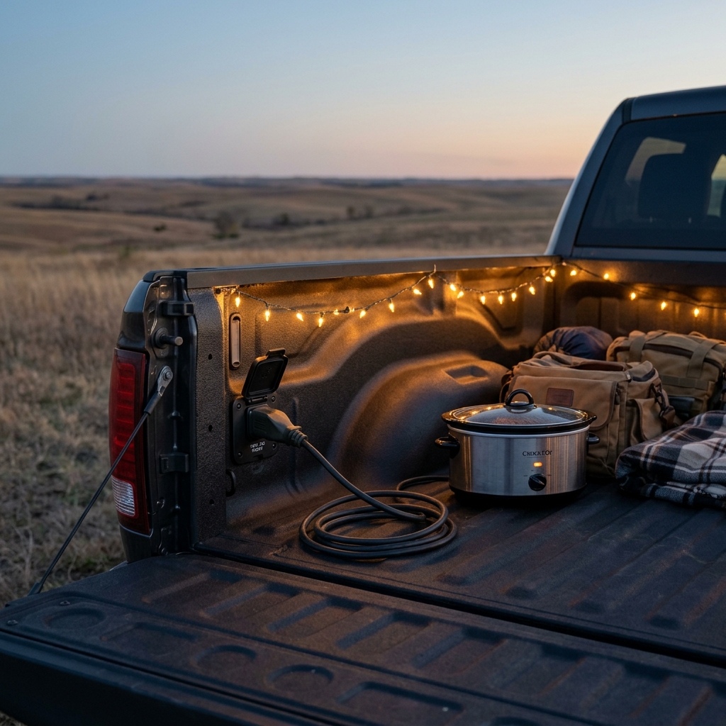 A slow cooker plugged into a pickup truck bed outlet surrounded by string lights, bags, and a blanket at sunset. (Representative image for illustration purposes only. Actual vehicle may vary based on trim and configuration.)