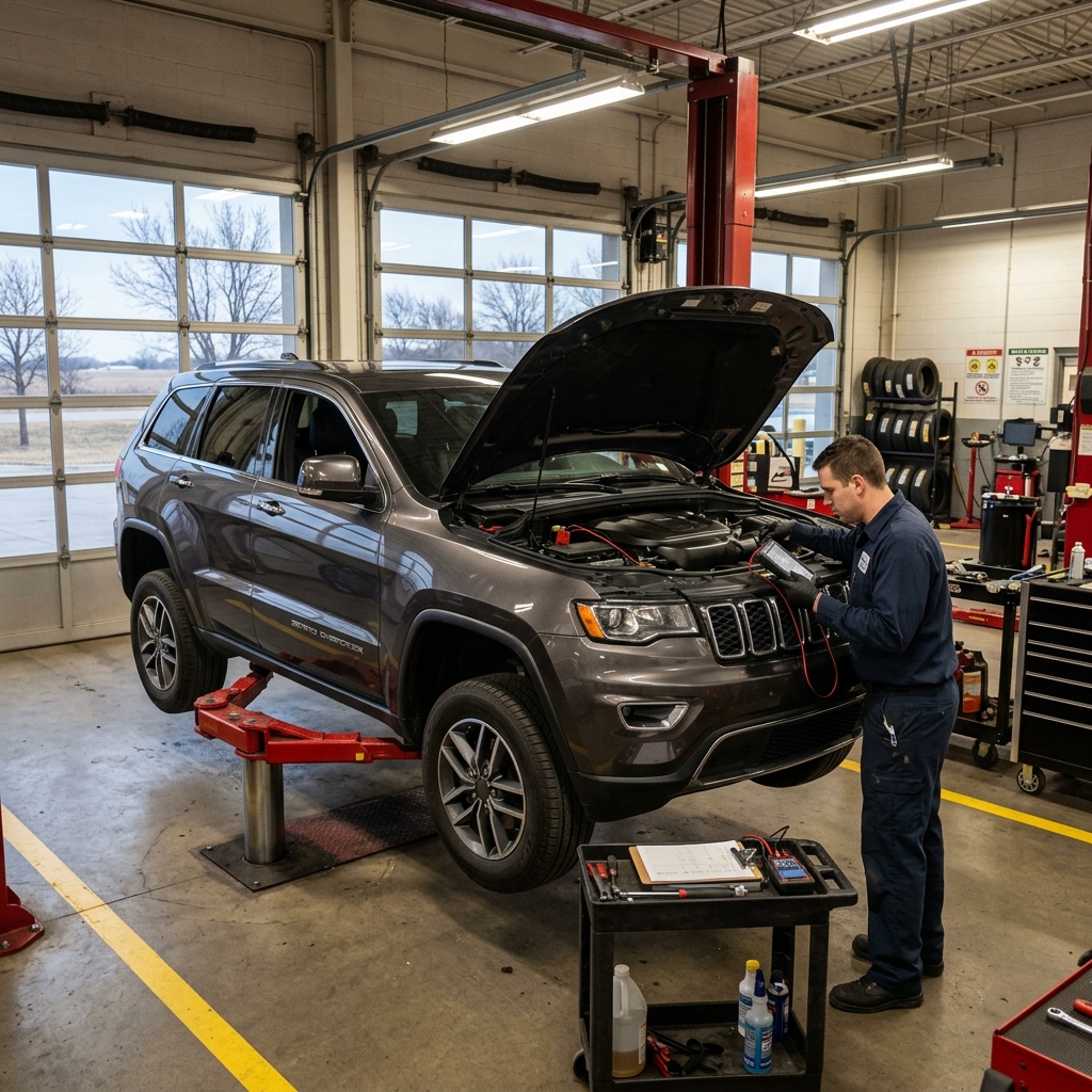 Mechanic using a diagnostic tool on a grey SUV raised on a hydraulic lift in an auto repair shop. (Representative image for illustration purposes only. Actual vehicle may vary based on trim and configuration.)