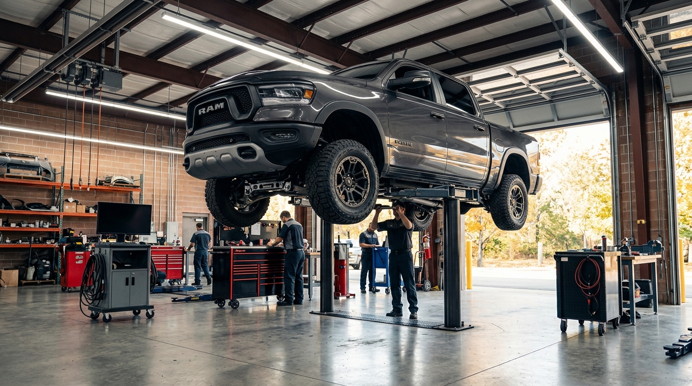 Dark grey Ram truck elevated on a hydraulic lift inside a modern auto repair shop with mechanics working. (Representative image for illustration purposes only. Actual vehicle may vary based on trim and configuration.)