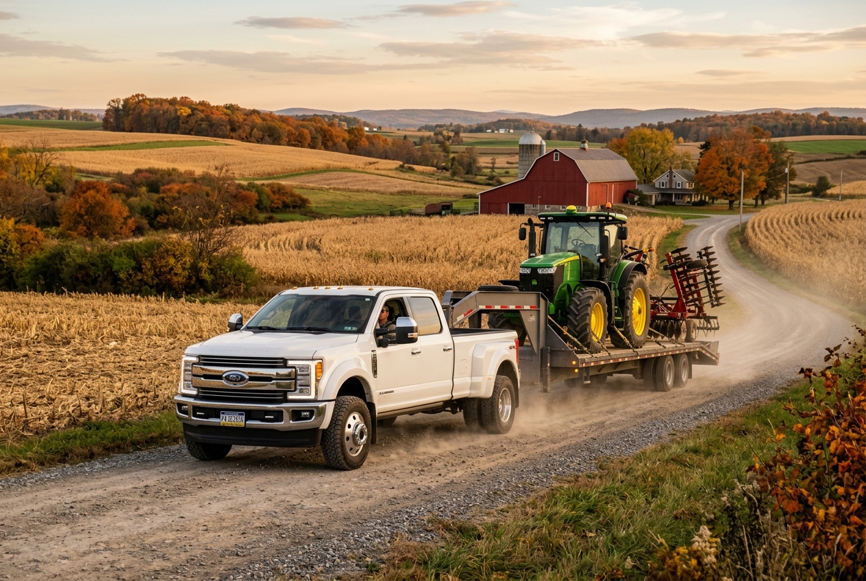 A white Ford Super Duty truck hauls a green John Deere tractor on a trailer down a dirt road past a farm in autumn. (Representative image for illustration purposes only. Actual vehicle may vary based on trim and configuration.)