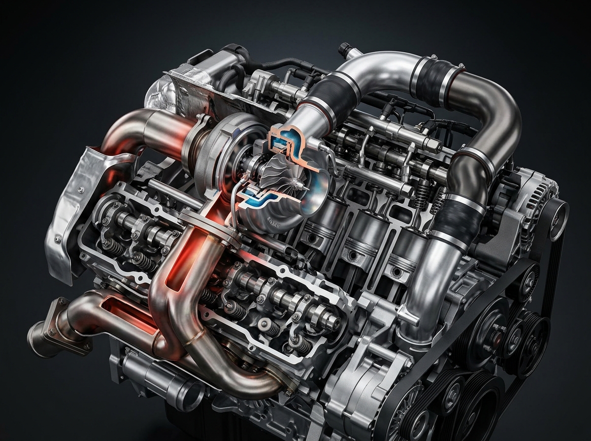 Cutaway 3D rendering of a V8 turbocharged engine showcasing internal pistons, camshafts, and glowing exhaust pipes. (Representative image for illustration purposes only. Actual vehicle may vary based on trim and configuration.)