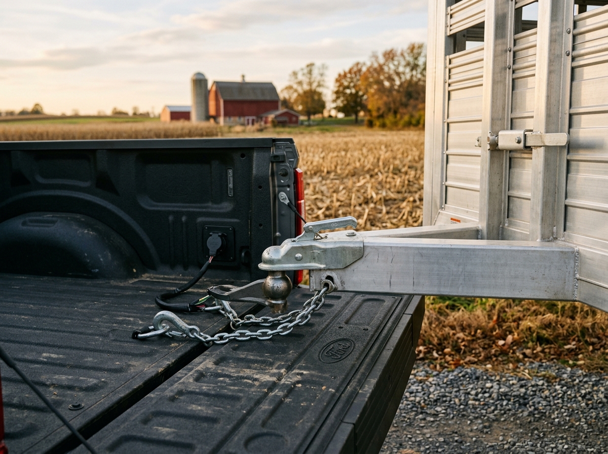 Close-up of a trailer hitch, coupler, and safety chains on a pickup truck tailgate with a farm in the background. (Representative image for illustration purposes only. Actual vehicle may vary based on trim and configuration.)