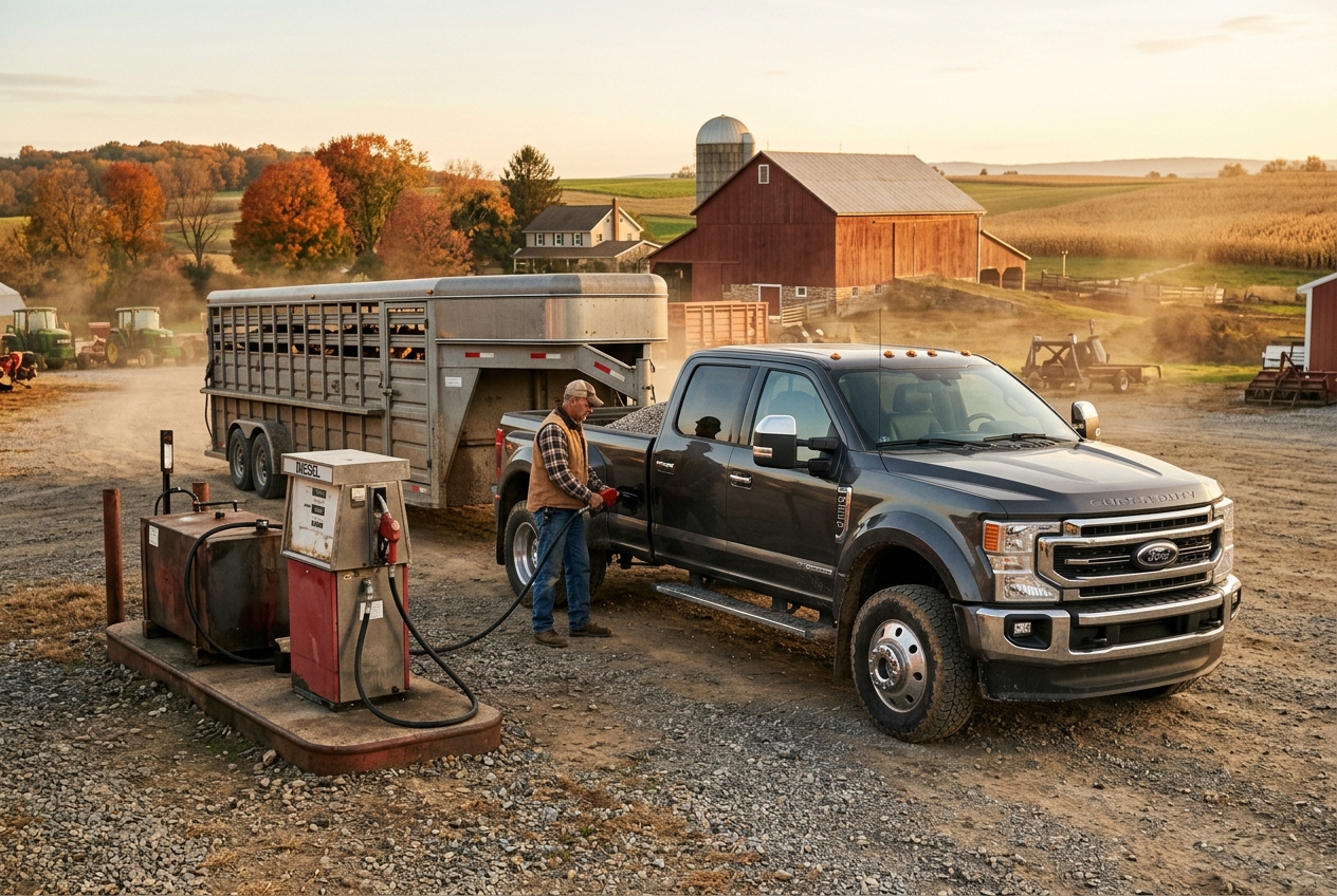 A man refuels a grey Ford Super Duty truck pulling a livestock trailer at a farm diesel fuel pump. (Representative image for illustration purposes only. Actual vehicle may vary based on trim and configuration.)