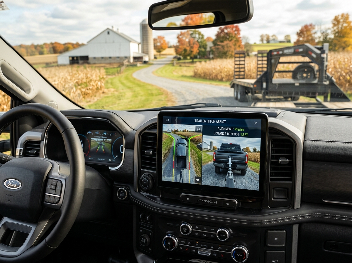 Interior view of a Ford truck showing the Trailer Hitch Assist feature on the infotainment screen while backing up to a trailer. (Representative image for illustration purposes only. Actual vehicle may vary based on trim and configuration.)
