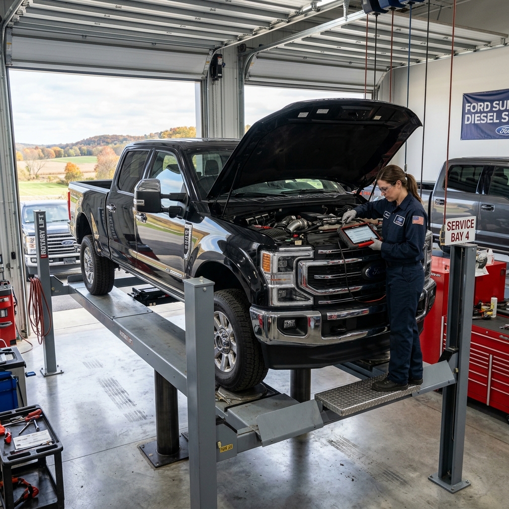 A female mechanic holding a diagnostic tablet scans the engine of a black Ford pickup truck elevated on a lift. (Representative image for illustration purposes only. Actual vehicle may vary based on trim and configuration.)