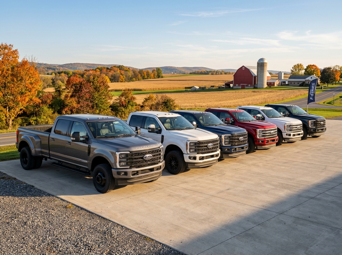 Lineup of colorful Ford Super Duty pickup trucks parked outdoors with a red barn and autumn landscape in the background. (Representative image for illustration purposes only. Actual vehicle may vary based on trim and configuration.)