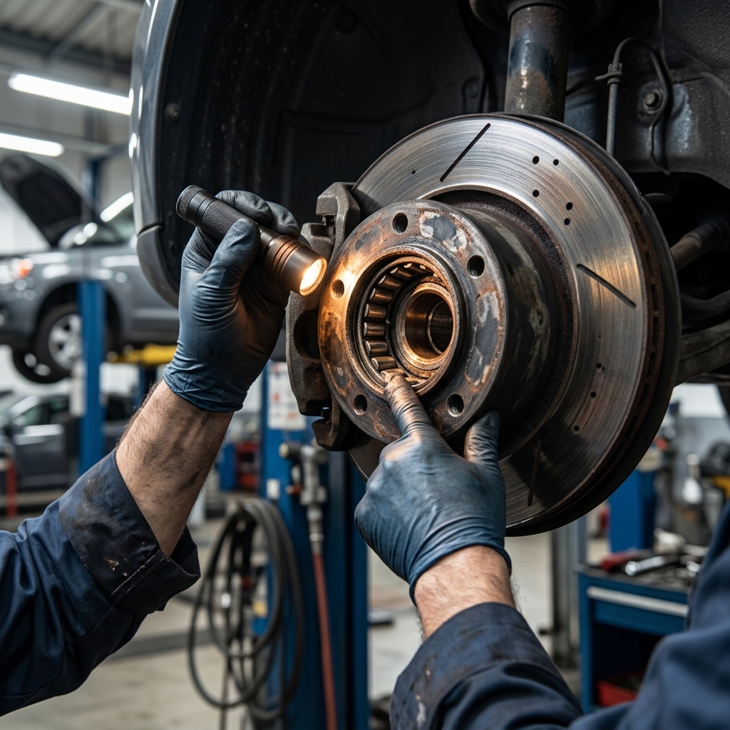A mechanic in dark gloves uses a flashlight to inspect a vehicle's wheel hub bearing and slotted brake rotor. (Representative image for illustration purposes only. Actual vehicle may vary based on trim and configuration.)