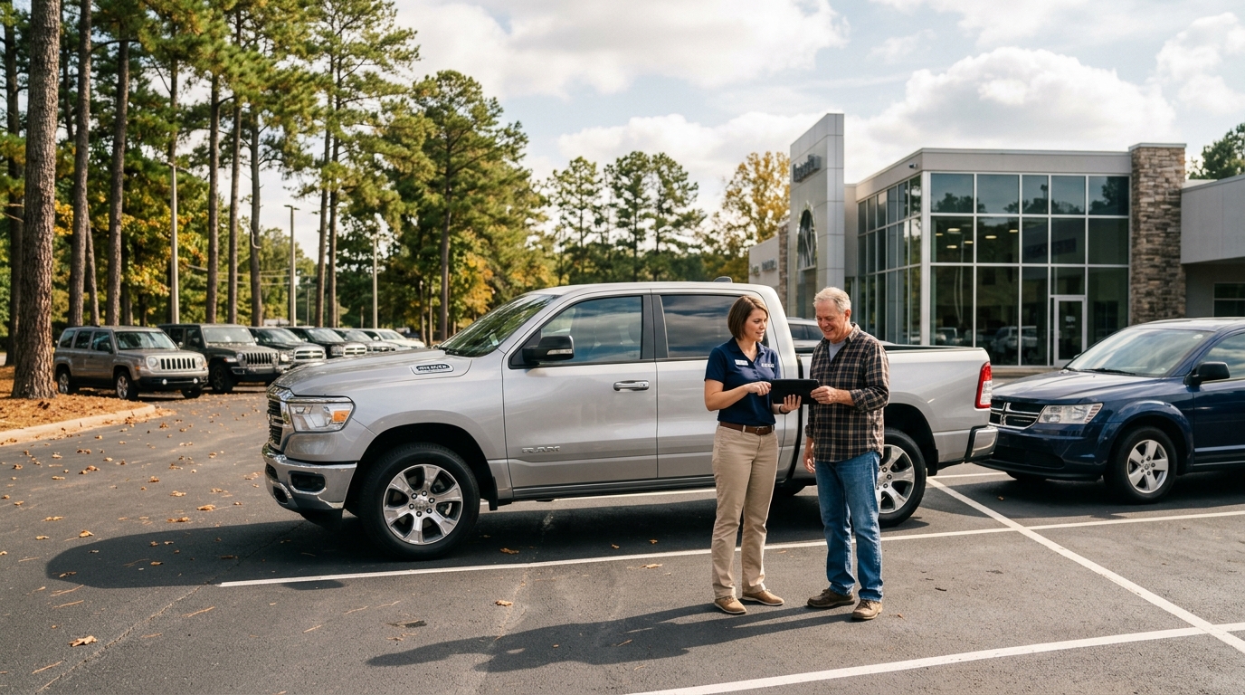 A car dealership representative showing a tablet to an older male customer standing next to a silver pickup truck. (Representative image for illustration purposes only. Actual vehicle may vary based on trim and configuration.)