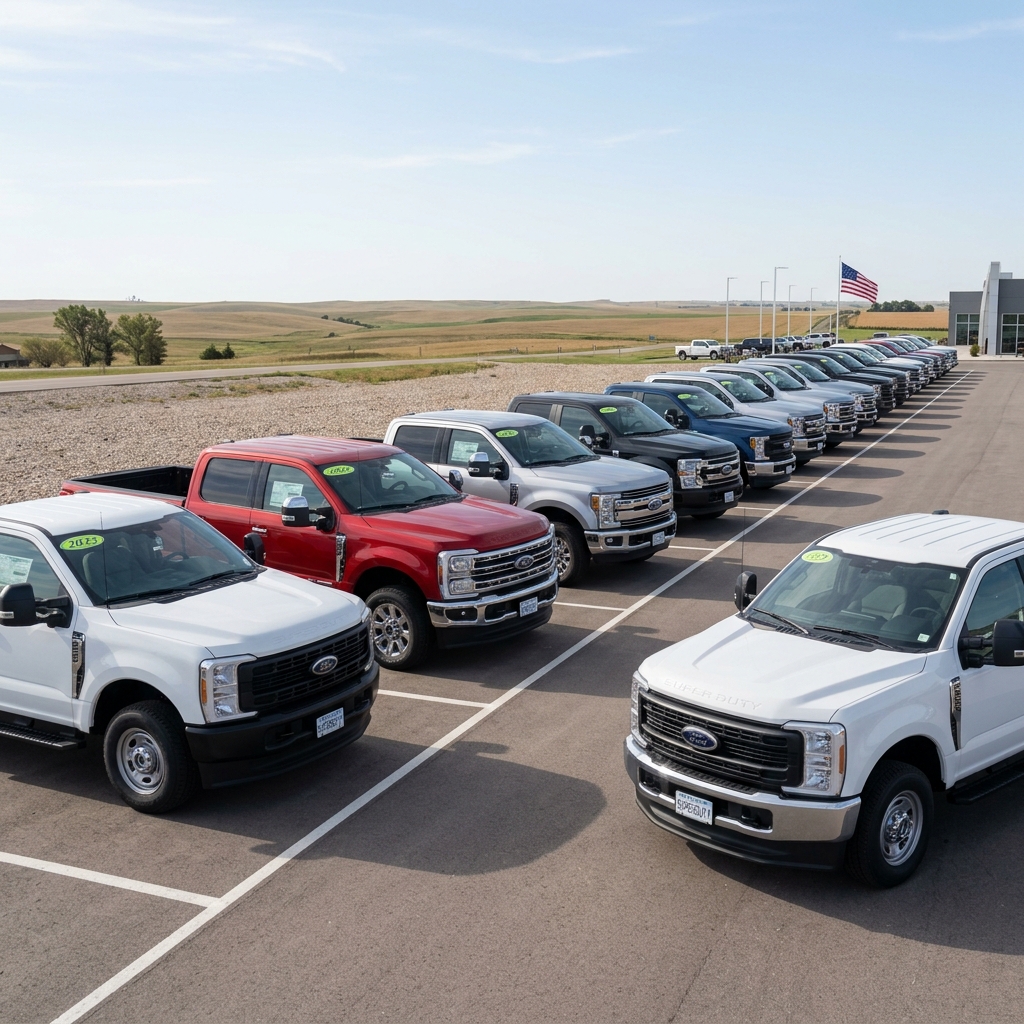 A row of Ford Super Duty pickup trucks in various colors parked at a car dealership lot. (Representative image for illustration purposes only. Actual vehicle may vary based on trim and configuration.)