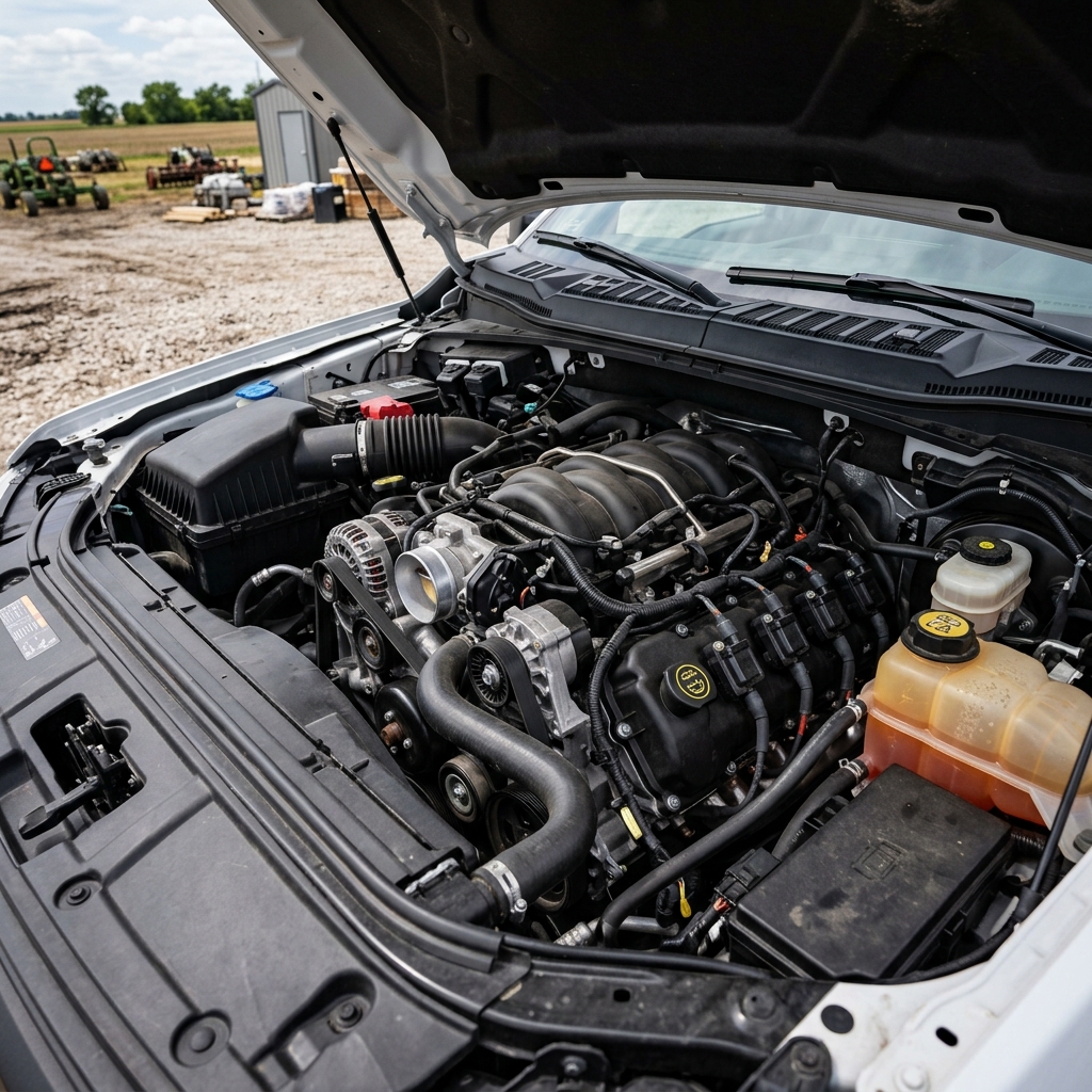Detailed view of a modern truck engine bay under an open white hood with a farm in the background. (Representative image for illustration purposes only. Actual vehicle may vary based on trim and configuration.)
