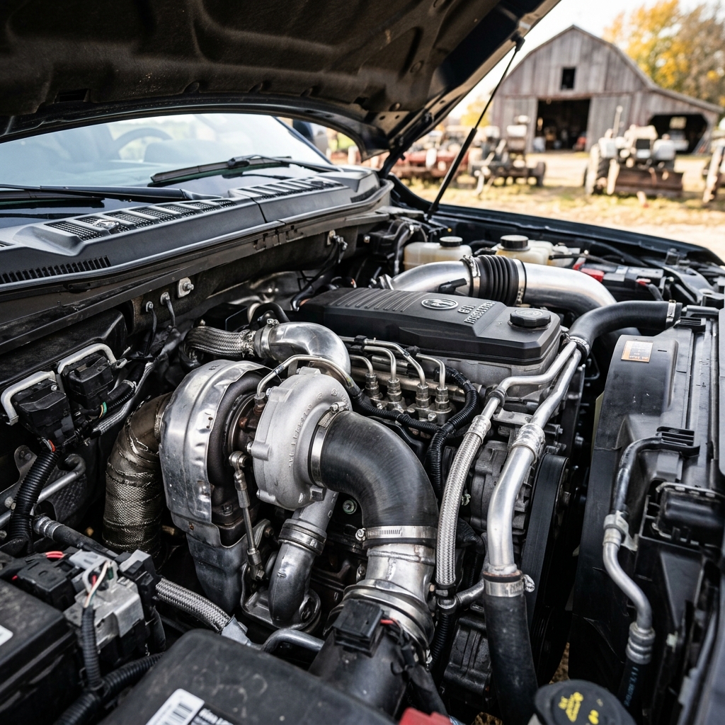 Detailed view of a modified diesel truck engine featuring a turbocharger under an open hood on a farm. (Representative image for illustration purposes only. Actual vehicle may vary based on trim and configuration.)