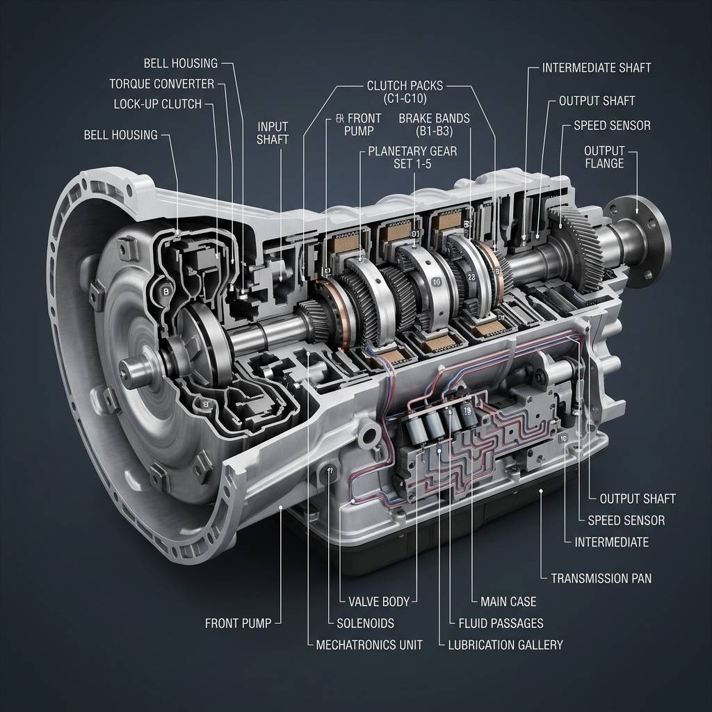 Detailed cutaway diagram of a car's automatic transmission showing torque converter, planetary gears, and valve body. (Representative image for illustration purposes only. Actual vehicle may vary based on trim and configuration.)
