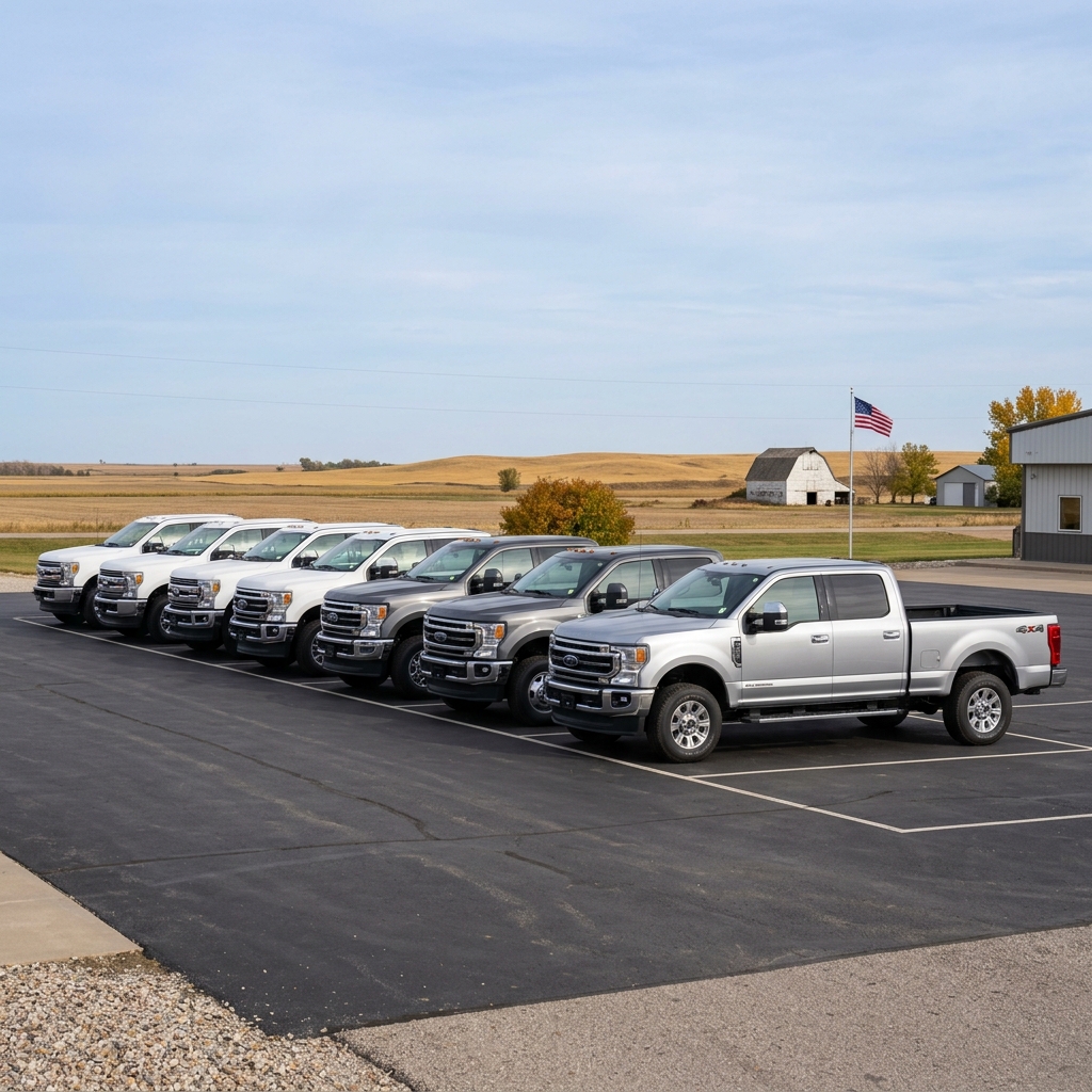 Seven Ford Super Duty pickup trucks parked in a row in a paved parking lot with a rural farm background. (Representative image for illustration purposes only. Actual vehicle may vary based on trim and configuration.)