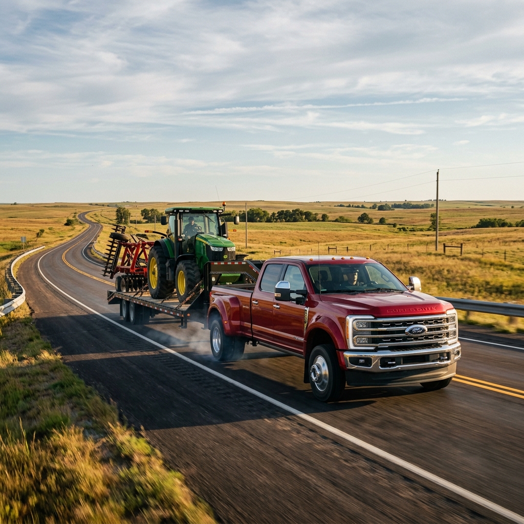 Red Ford Super Duty dually truck towing a green John Deere tractor on a trailer along a rural highway. (Representative image for illustration purposes only. Actual vehicle may vary based on trim and configuration.)