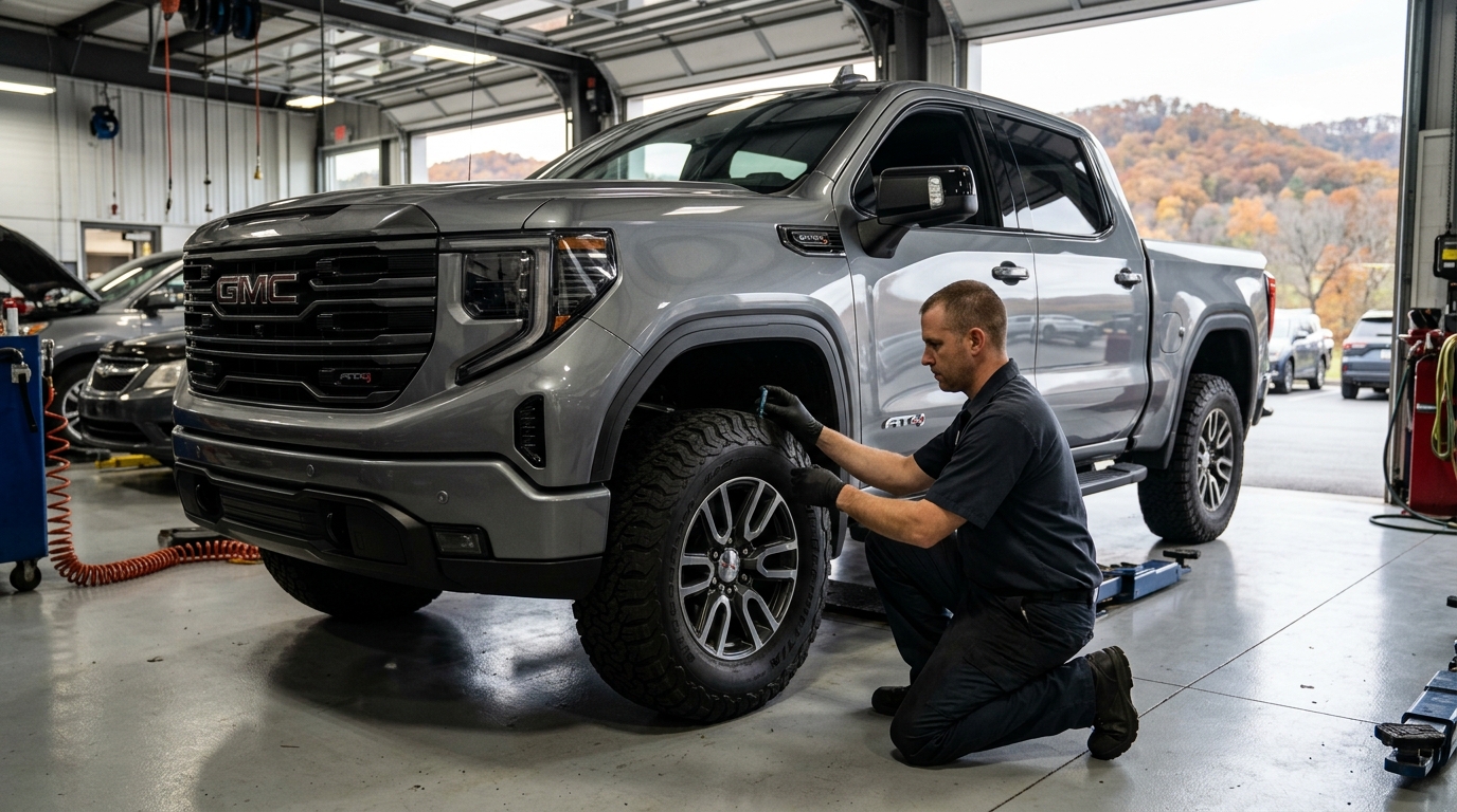 A mechanic in a dark uniform kneels to inspect the tire tread of a grey GMC pickup truck in an auto shop. (Representative image for illustration purposes only. Actual vehicle may vary based on trim and configuration.)