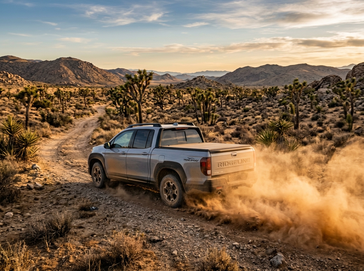 Silver Honda Ridgeline TrailSport pickup truck driving on a dirt path in a desert, kicking up a cloud of dust. (Representative image for illustration purposes only. Actual vehicle may vary based on trim and configuration.)