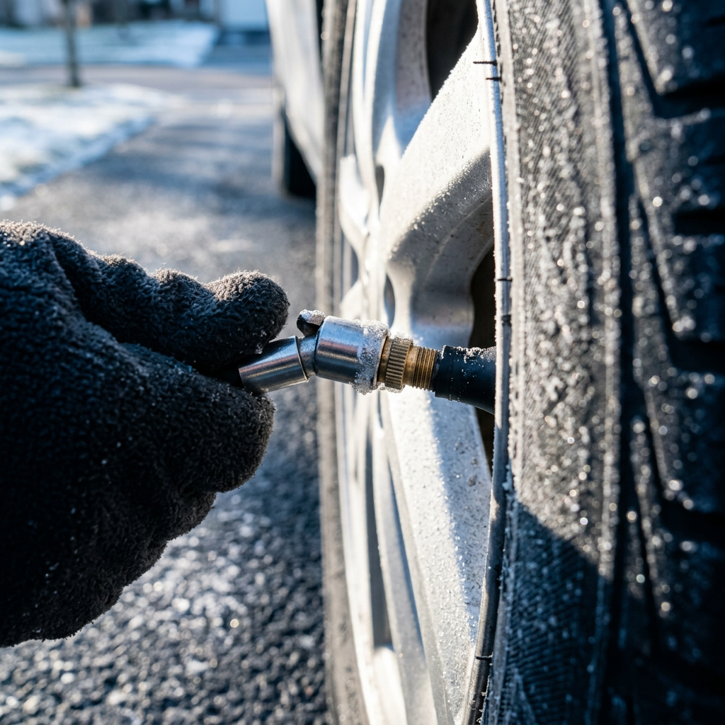 A gloved hand connects an air hose nozzle to a frosty car tire valve stem outdoors in winter. (Representative image for illustration purposes only. Actual vehicle may vary based on trim and configuration.)