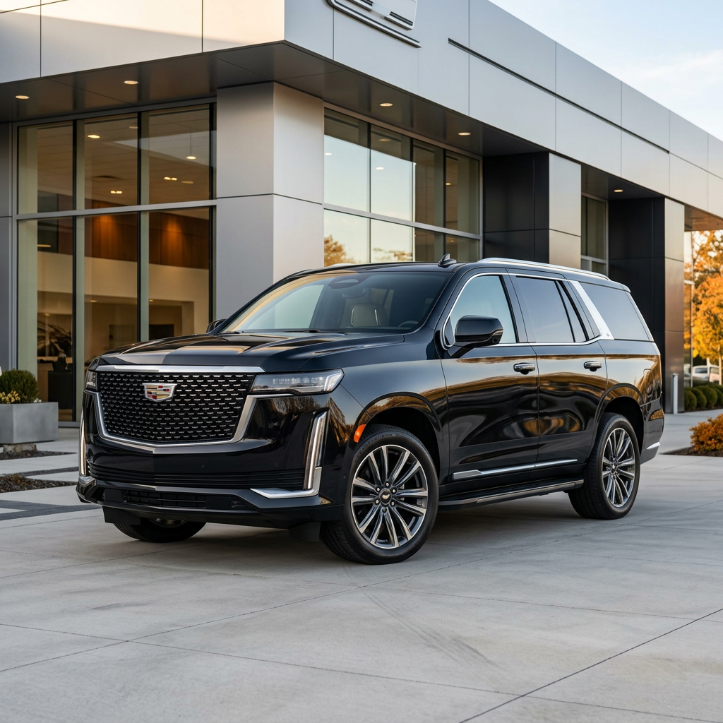 Black Cadillac Escalade parked on concrete outside a modern glass dealership building. (Representative image for illustration purposes only. Actual vehicle may vary based on trim and configuration.)