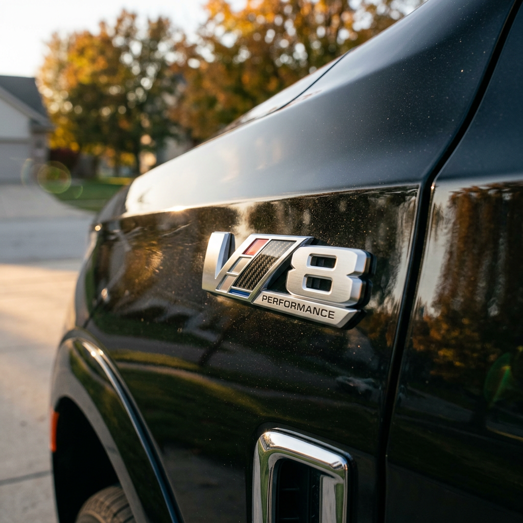 Close-up of a silver V8 Performance badge on the glossy black fender of a luxury SUV outdoors. (Representative image for illustration purposes only. Actual vehicle may vary based on trim and configuration.)