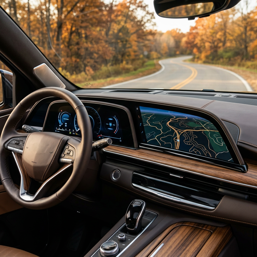 Driver's perspective of a luxury car dashboard and navigation display on a winding autumn road lined with trees. (Representative image for illustration purposes only. Actual vehicle may vary based on trim and configuration.)