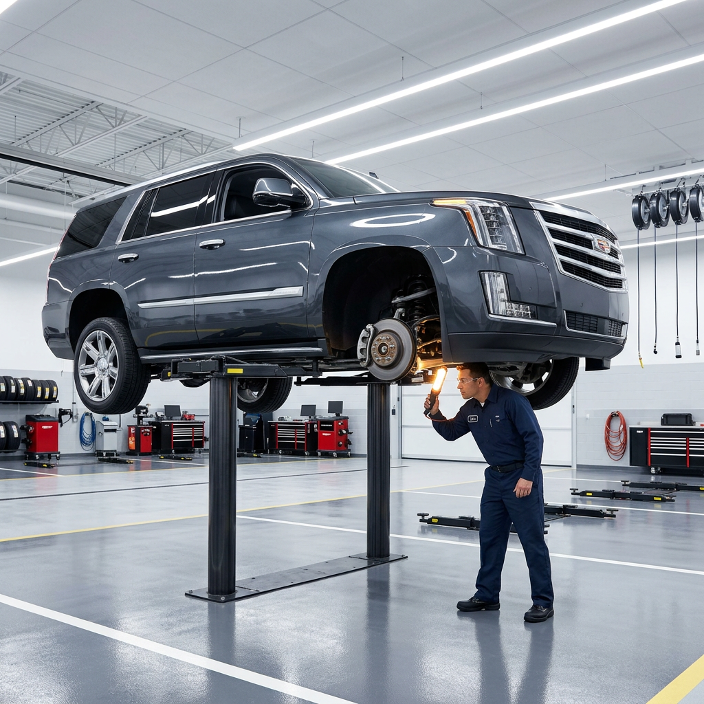 A mechanic holding an inspection light under a dark gray SUV raised on a hydraulic lift in a modern auto shop. (Representative image for illustration purposes only. Actual vehicle may vary based on trim and configuration.)