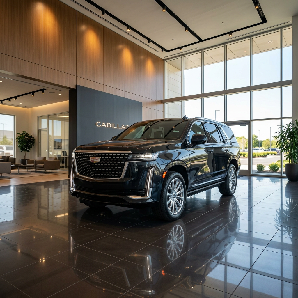 Black Cadillac Escalade SUV parked on a polished tile floor inside a modern Cadillac showroom with large windows. (Representative image for illustration purposes only. Actual vehicle may vary based on trim and configuration.)