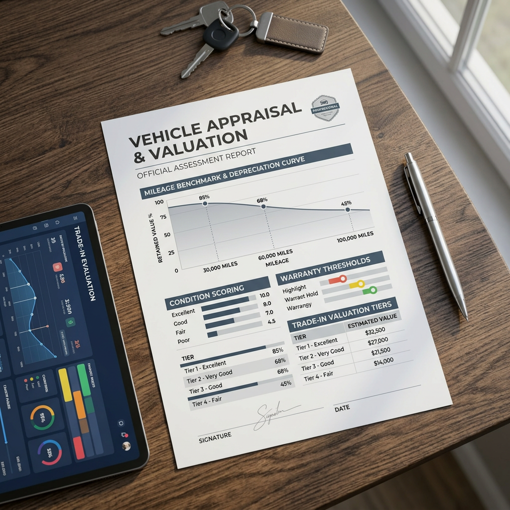 Vehicle appraisal report, trade-in evaluation tablet, pen, and car keys on a wooden surface. (Representative image for illustration purposes only. Actual vehicle may vary based on trim and configuration.)