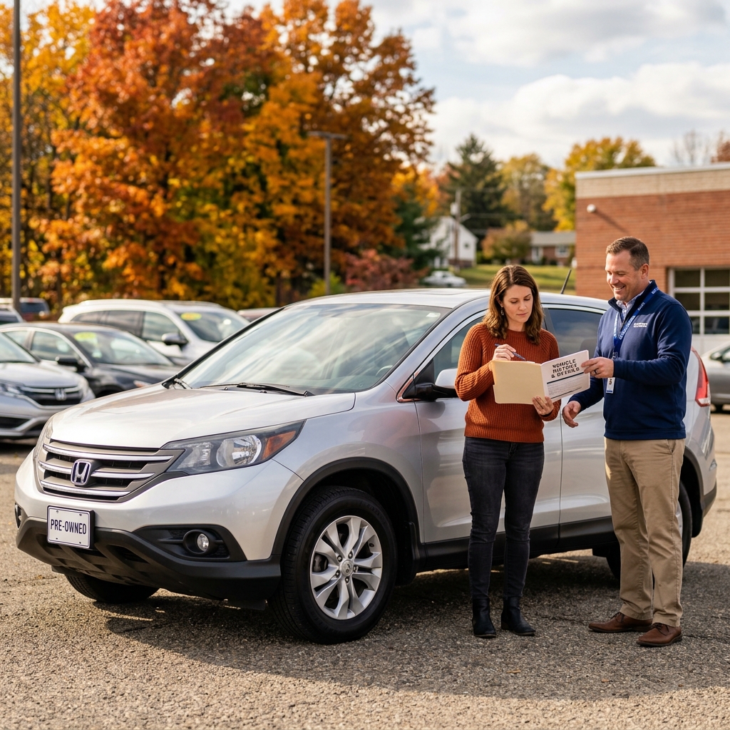 A woman and car salesman look over vehicle history documents next to a silver pre-owned Honda SUV in autumn. (Representative image for illustration purposes only. Actual vehicle may vary based on trim and configuration.)