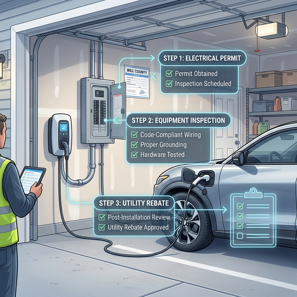 Graphic illustrating 3 steps for EV charger installation: Electrical Permit, Equipment Inspection, and Utility Rebate. (Representative image for illustration purposes only. Actual vehicle may vary based on trim and configuration.)