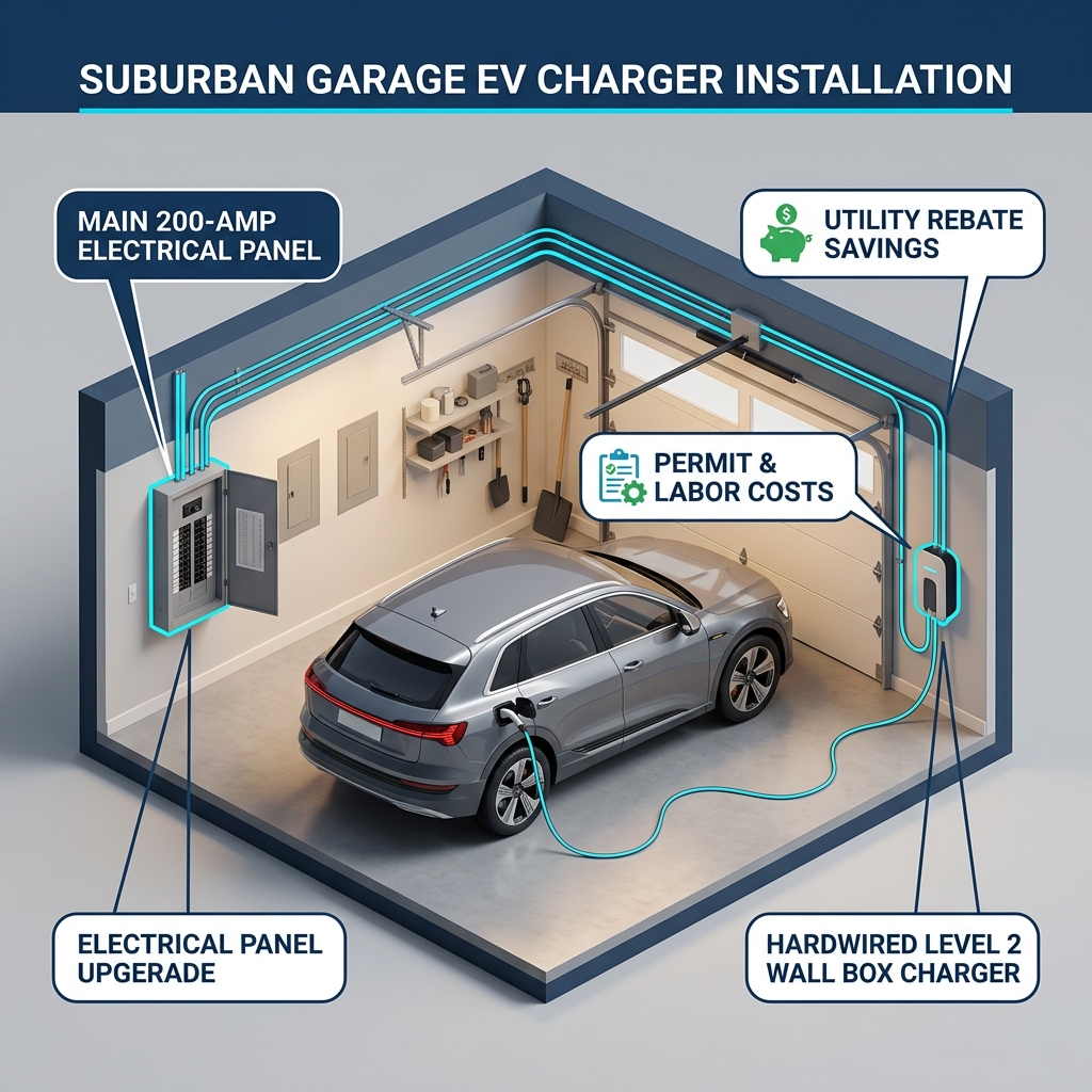 Diagram showing a suburban garage equipped with a hardwired Level 2 EV charger connected to an electrical panel. (Representative image for illustration purposes only. Actual vehicle may vary based on trim and configuration.)