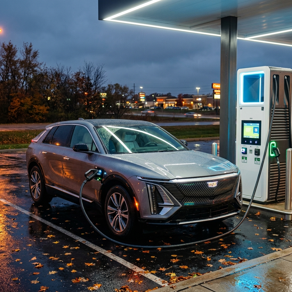 Silver Cadillac Lyriq electric vehicle plugged into a fast charger on a wet evening with autumn leaves on the ground. (Representative image for illustration purposes only. Actual vehicle may vary based on trim and configuration.)