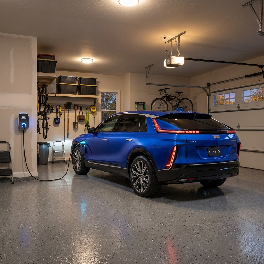 A blue Cadillac OPTIQ electric vehicle parked in a home garage and plugged into a wall-mounted EV charger. (Representative image for illustration purposes only. Actual vehicle may vary based on trim and configuration.)