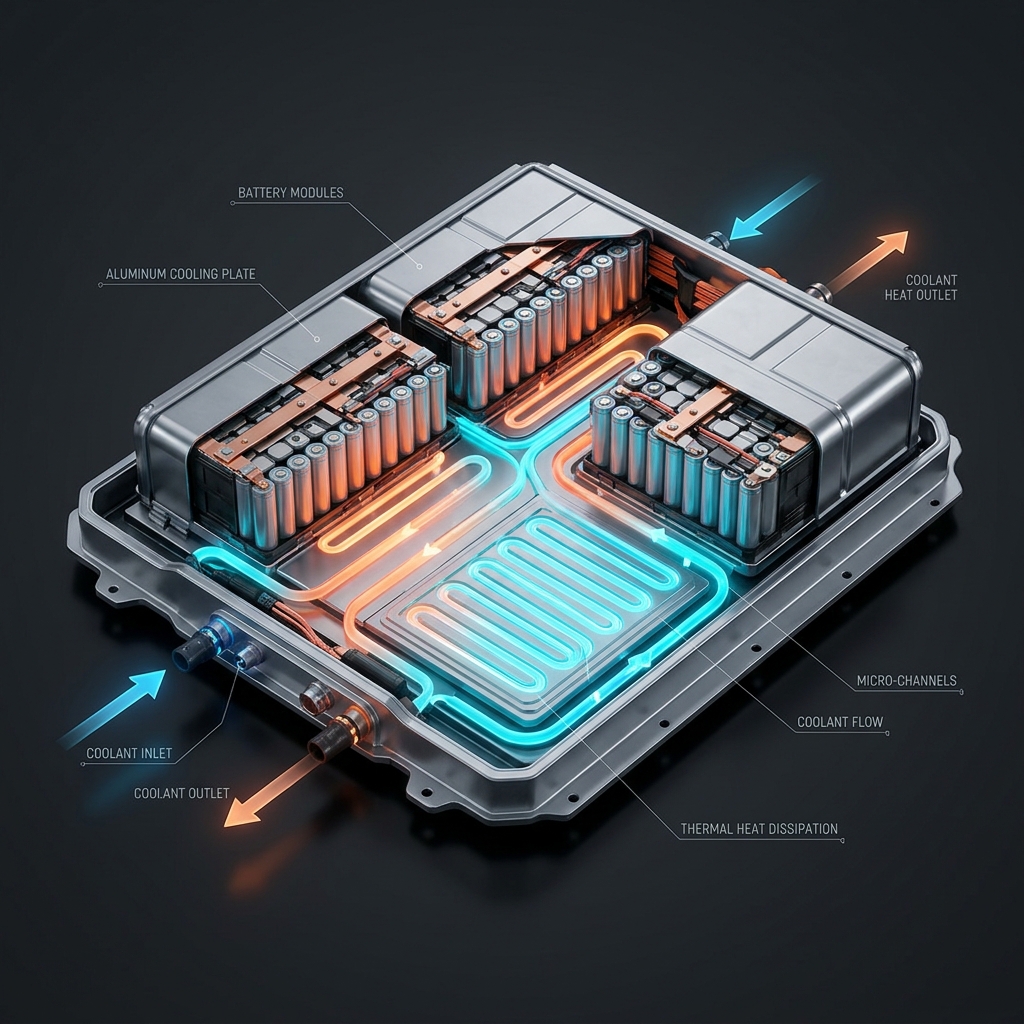 3D diagram of an electric vehicle battery pack showing coolant flow through aluminum plates and micro-channels. (Representative image for illustration purposes only. Actual vehicle may vary based on trim and configuration.)