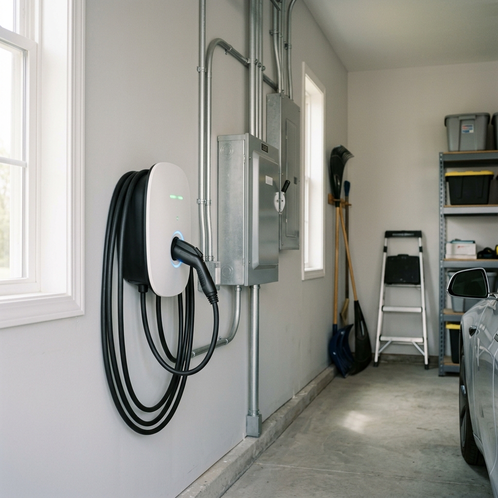 White electric vehicle wall charger mounted in a modern garage near electrical panel boxes and a silver car. (Representative image for illustration purposes only. Actual vehicle may vary based on trim and configuration.)