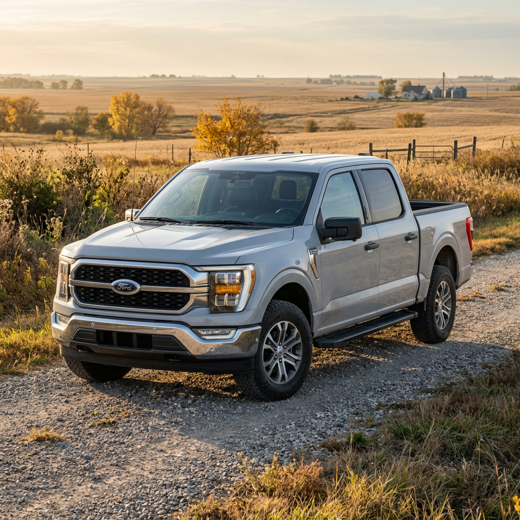 Silver Ford F-150 pickup truck parked on a gravel path in a rural countryside landscape at sunset. (Representative image for illustration purposes only. Actual vehicle may vary based on trim and configuration.)
