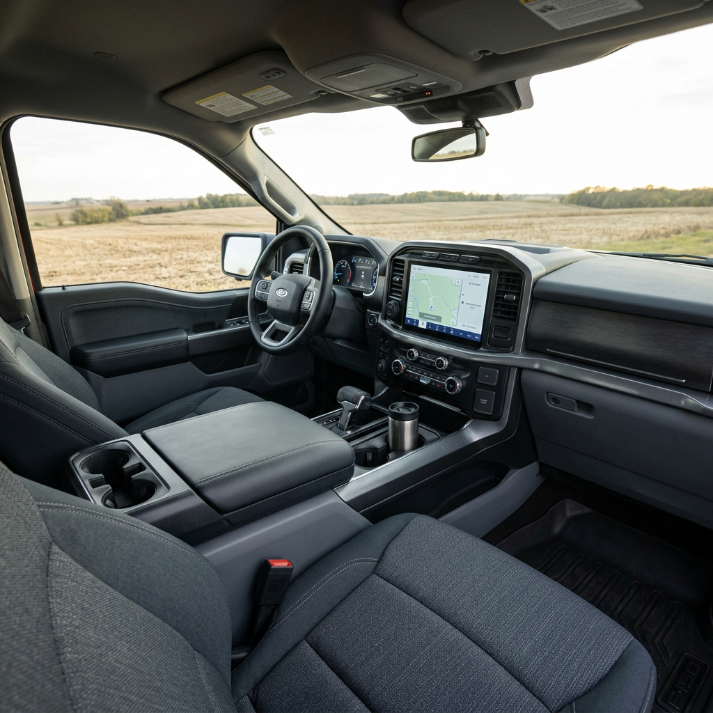 Interior view of a Ford F-150 dashboard, touchscreen infotainment screen, steering wheel, and front cloth seats. (Representative image for illustration purposes only. Actual vehicle may vary based on trim and configuration.)