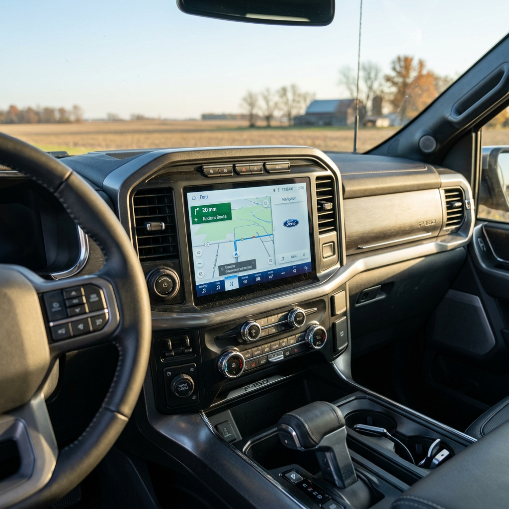 Modern Ford F-150 interior showing the dashboard, touchscreen navigation system, steering wheel, and center console. (Representative image for illustration purposes only. Actual vehicle may vary based on trim and configuration.)