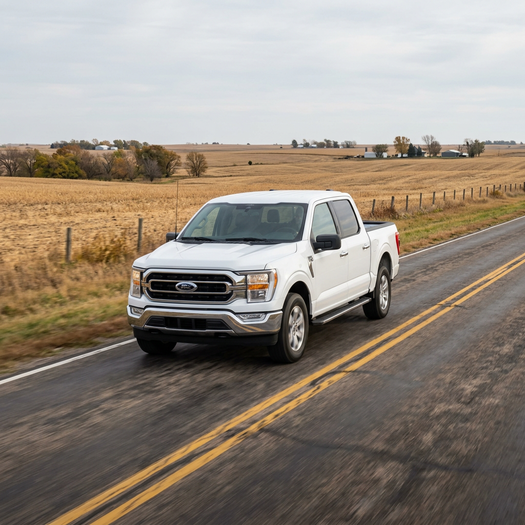 White Ford F-150 pickup truck driving on a rural asphalt road alongside open golden fields. (Representative image for illustration purposes only. Actual vehicle may vary based on trim and configuration.)