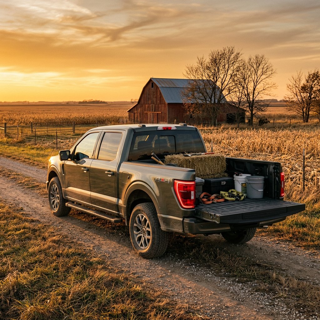 Gray pickup truck with open tailgate loaded with hay parked on a dirt path in front of a barn at sunset. (Representative image for illustration purposes only. Actual vehicle may vary based on trim and configuration.)