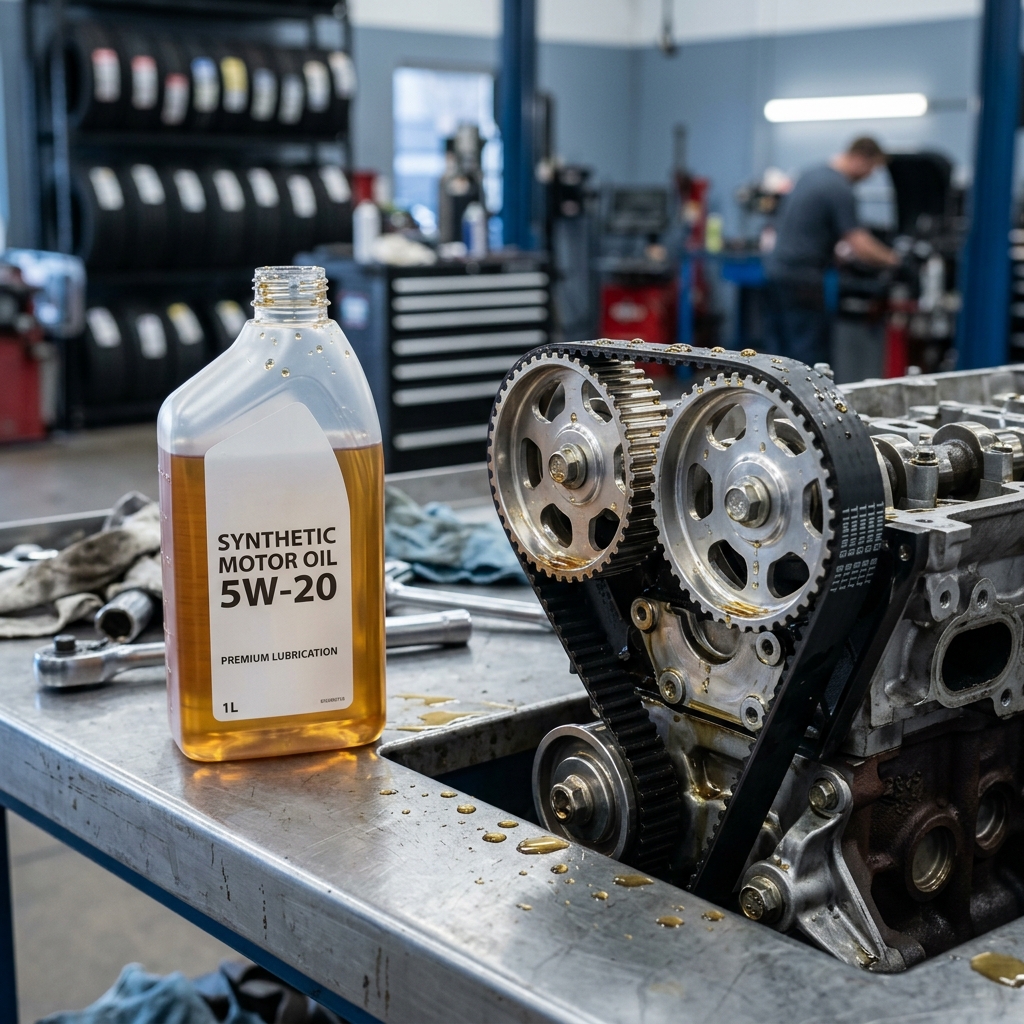A bottle of 5W-20 synthetic motor oil sits next to an exposed engine block with a timing belt on a workshop table. (Representative image for illustration purposes only. Actual vehicle may vary based on trim and configuration.)