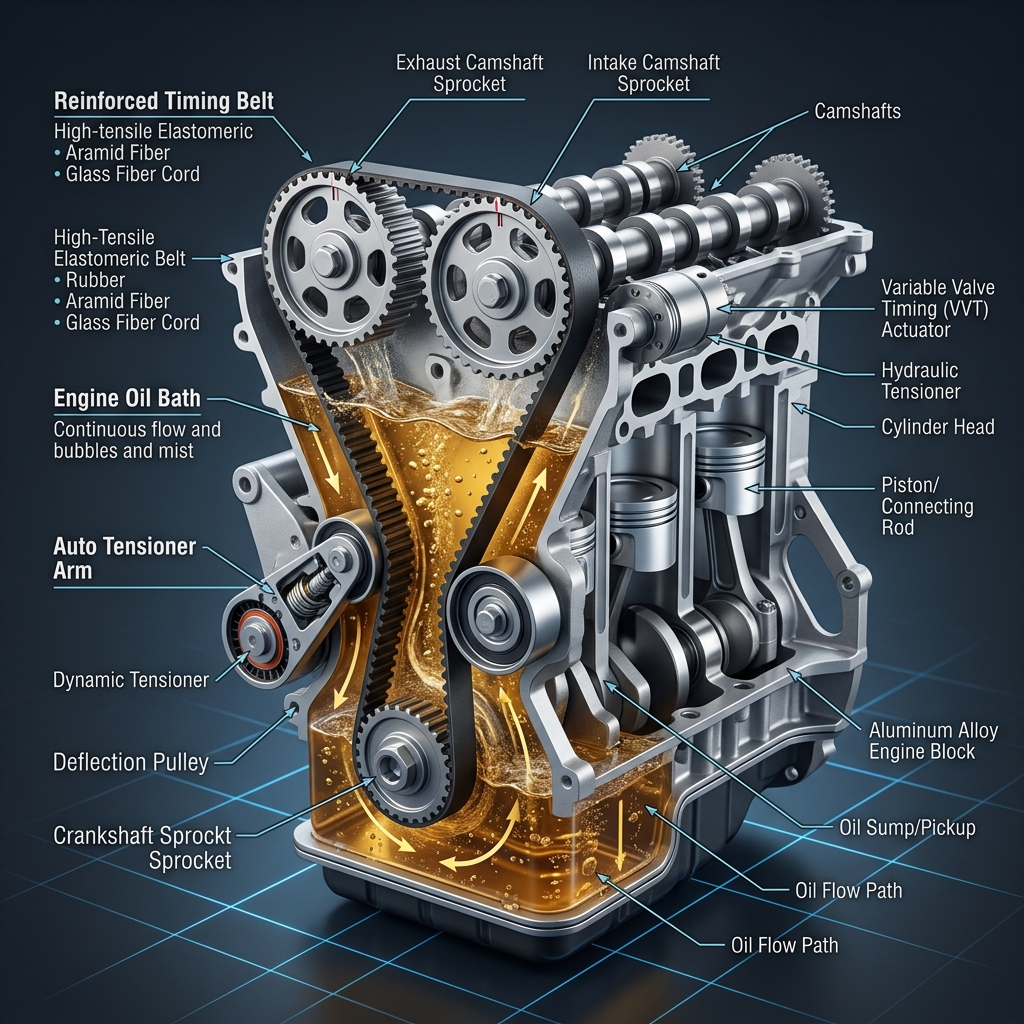 Detailed 3D cutaway diagram of an internal combustion engine showcasing a wet timing belt running through an oil bath. (Representative image for illustration purposes only. Actual vehicle may vary based on trim and configuration.)